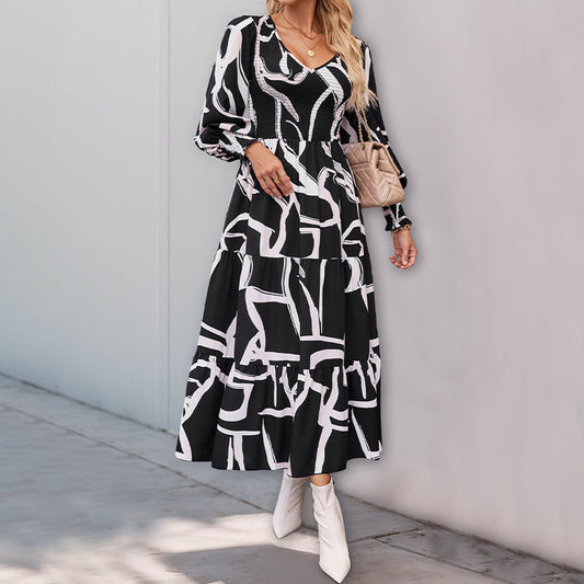 Geometrisch Bedrucktes A-Linien Midikleid mit Langen Ärmeln | Ideal für Frühling und Herbst