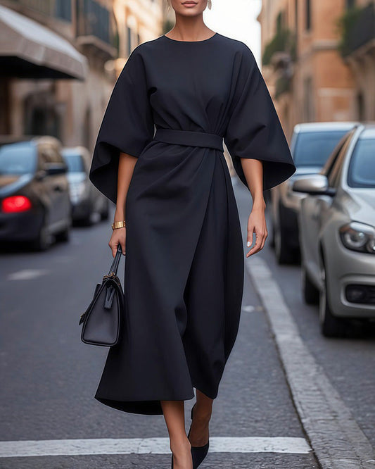 Midikleid mit Gürtel Weiten Ärmeln und Taillenband | Ideal für Frühling und Sommer
