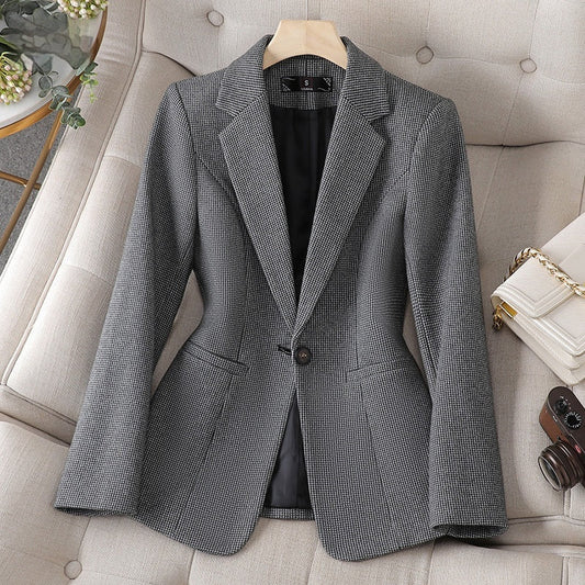 Damen Hahnentritt Blazer mit langen Ärmeln und Knopfverschluss | Ideal für Herbst und Winter