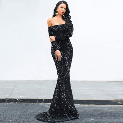 Schulterfreies Langarm Paillettenbesetztes Abendkleid | Ideal für Herbst und Winter