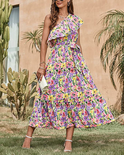 Ärmelloses Boho-Print High-Waist-Kleid mit asymmetrischer Schulter | Ideal für Frühling und Sommer