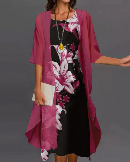 Bedrucktes Zweiteiliges Kleid mit Mittellangen Ärmeln und Asymmetrischem Saum | Ideal für Frühling und Sommer