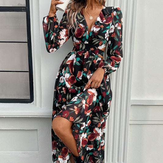 Geblümtes Kleid mit V-Ausschnitt und Laternenärmeln | Ideal für Frühling und Herbst