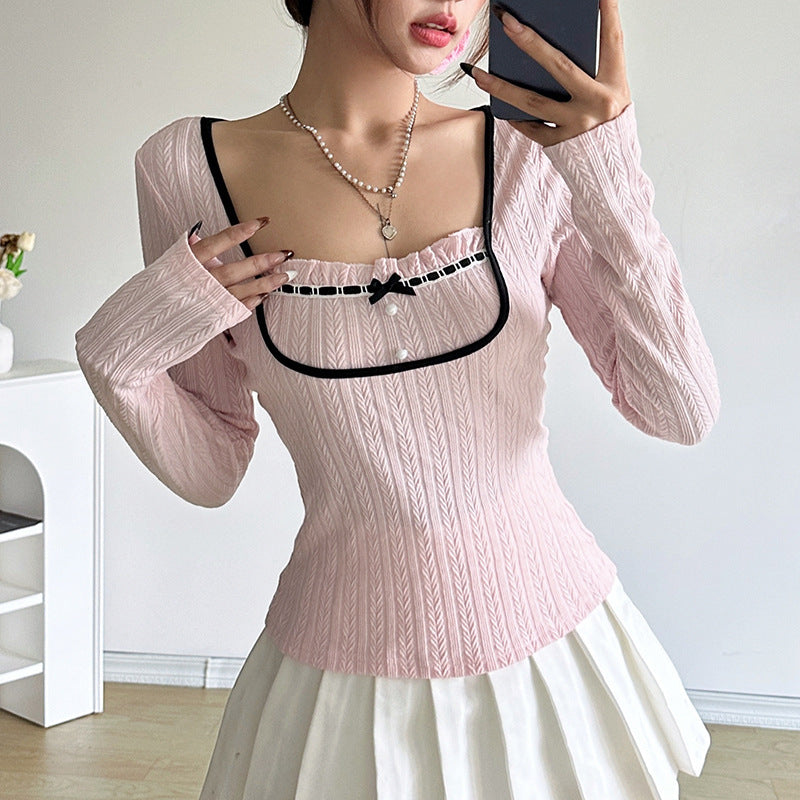Kontrastnaht Langarm Gestricktes T-Shirt mit Schleife | Ideal für Herbst