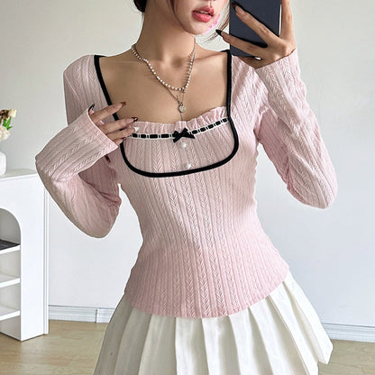 Kontrastnaht Langarm Gestricktes T-Shirt mit Schleife | Ideal für Herbst