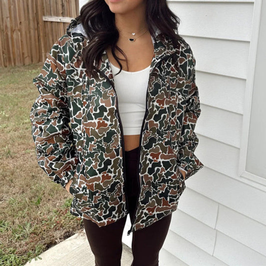 Camouflage Regenjacke mit Langem Arm und Reißverschluss für Damen | Ideal für Frühling und Herbst