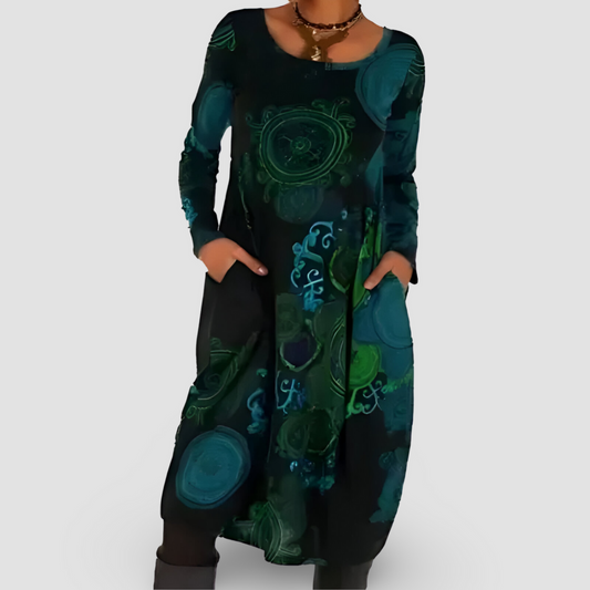 Langarm Vintage-Midi-Kleid mit V-Ausschnitt | Ideal für Frühling und Herbst