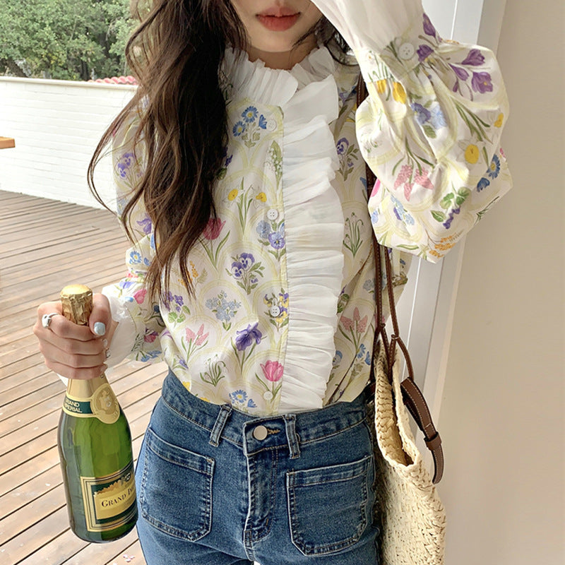 Turtleneck Patchwork Ruffled Bluse mit Flared Ärmeln | Ideal für Herbst