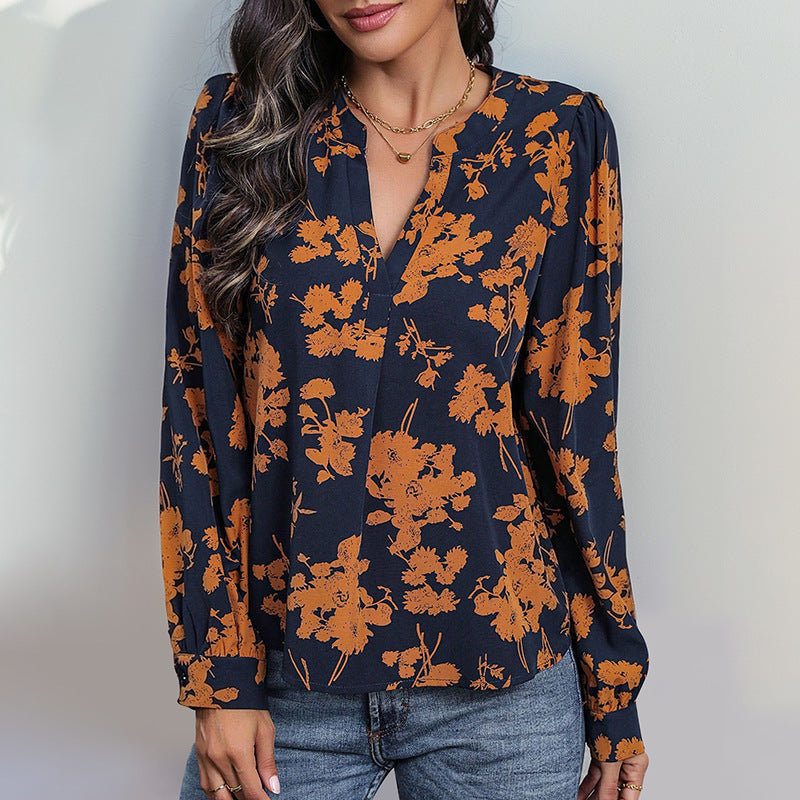 V-Ausschnitt Langarm bedrucktes Pullover-Shirt | Ideal für den Herbst