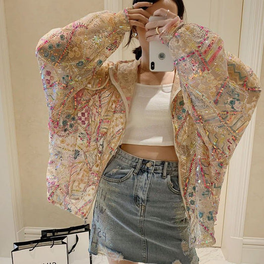 Kapuzencoat mit Pailletten und Bunten Streifen für Damen | Ideal für den Sommer