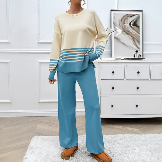 Gestreifter Strickpullover und Hose mit geradem Bein Set | Ideal für Herbst und Winter