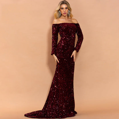 Schulterfreies Langarm Paillettenbesetztes Abendkleid | Ideal für Herbst und Winter