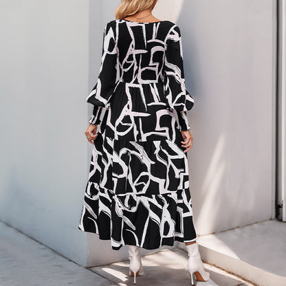 Geometrisch Bedrucktes A-Linien Midikleid mit Langen Ärmeln | Ideal für Frühling und Herbst