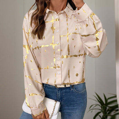 Langärmliges Hemd mit Reverskragen und geometrischem Bronzing-Muster | Ideal für Herbst und Winter