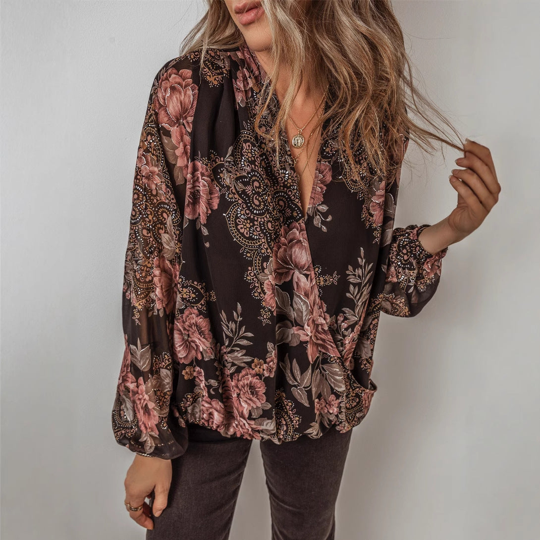 V-Ausschnitt Langarm Chiffon-Bluse mit Blumenmuster | Ideal für den Frühling