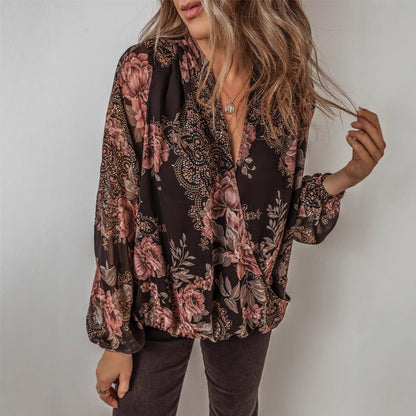 V-Ausschnitt Langarm Chiffon-Bluse mit Blumenmuster | Ideal für den Frühling