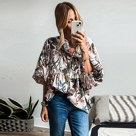 Damen Lose Langarmshirt mit Blumenmuster | Ideal für Frühling und Herbst