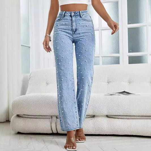 Hellblaue Gekürzte Denim Jeans mit Perlenverzierung | Ideal für Frühling und Sommer