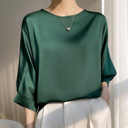 Lockeres Satin Ice Silk Kurzarmshirt mit Rundhals | Ideal für Sommer