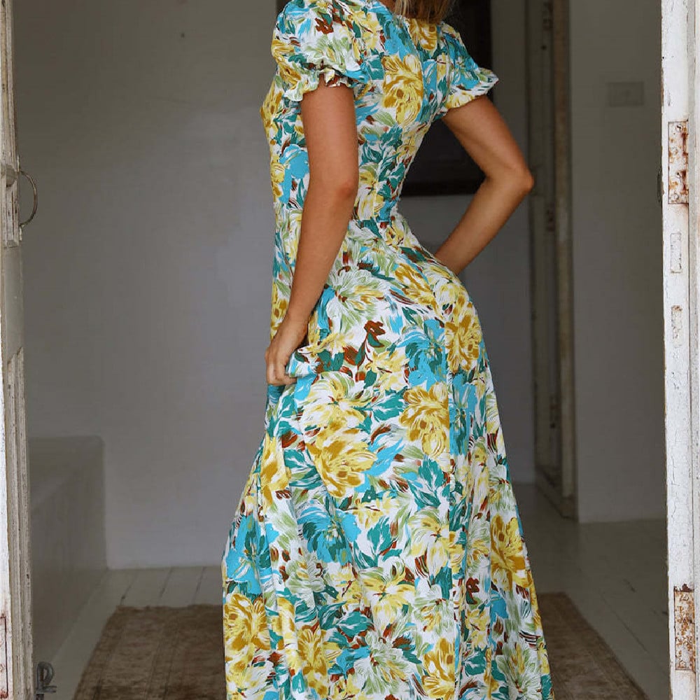 Blumenmuster Langes A-Linien Kleid mit Quadratkragen | Ideal für Frühling und Sommer
