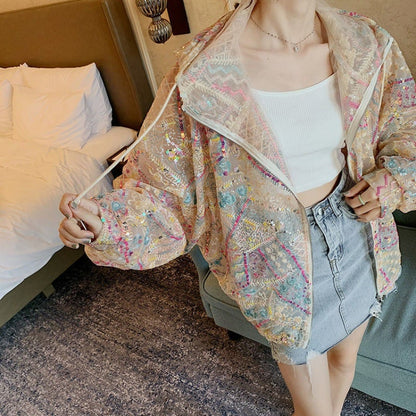 Kapuzencoat mit Pailletten und Bunten Streifen für Damen | Ideal für den Sommer