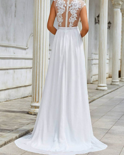 Chiffon Spitzen Hochzeitskleid mit Schleppe | Ideal für alle Jahreszeiten