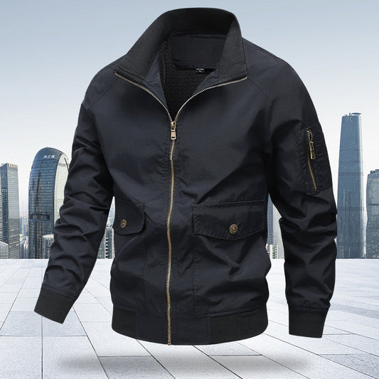 Locker Geschnittene Nylonjacke mit Polokragen und Nahttaschen | Ideal für Frühling und Herbst
