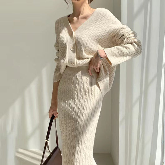 V-Ausschnitt Gestrickter Cardigan Pullover und Hochtaillierter Etuikleid Rock Set | Ideal für Herbst und Winter