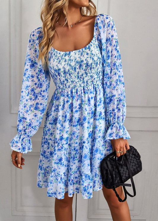 Floral Print Rüschensleeve Midi-Kleid mit U-Ausschnitt | Ideal für Frühling und Sommer