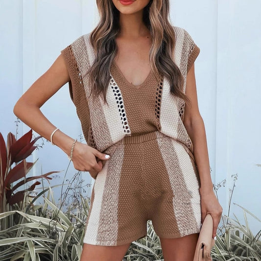 Strick V-Ausschnitt Pullover und Shorts Set | Ideal für Frühling und Sommer