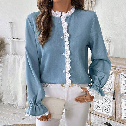 Einreihiges Blaues Cardigan-Hemd mit Spitzenkragen | Ideal für Frühling & Herbst