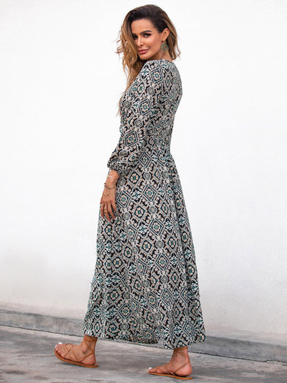 Bedrucktes V-Ausschnitt-Langes Kleid mit Laternenärmeln | Ideal für Frühling und Herbst