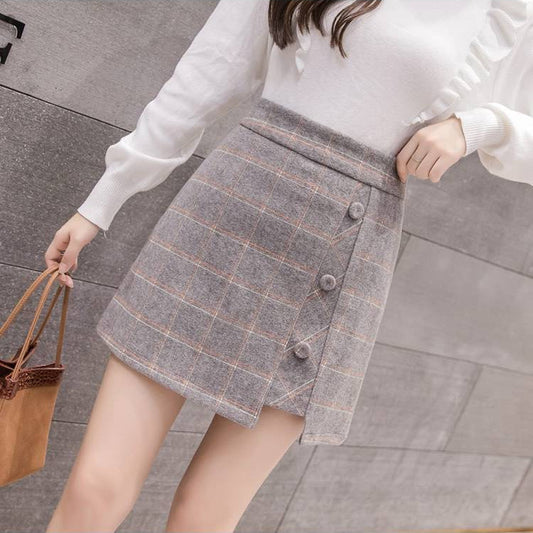 Karierter Wollstruktur A-Linien Rock mit Asymmetrischem Saum und Knopfdetails | Ideal für Herbst und Winter