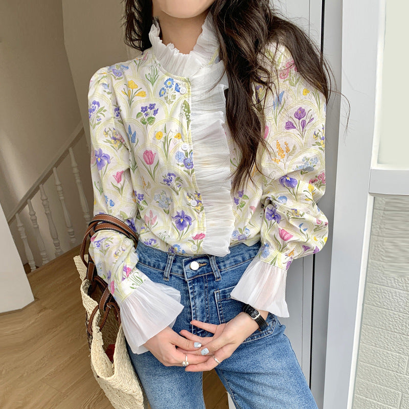 Turtleneck Patchwork Ruffled Bluse mit Flared Ärmeln | Ideal für Herbst