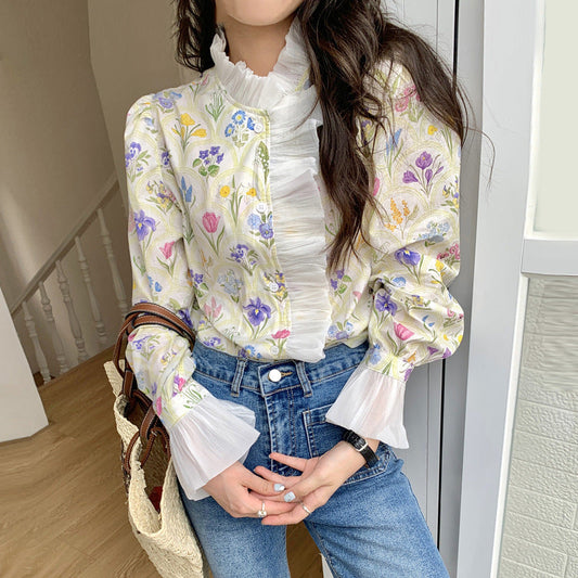 Turtleneck Patchwork Ruffled Bluse mit Flared Ärmeln | Ideal für Herbst