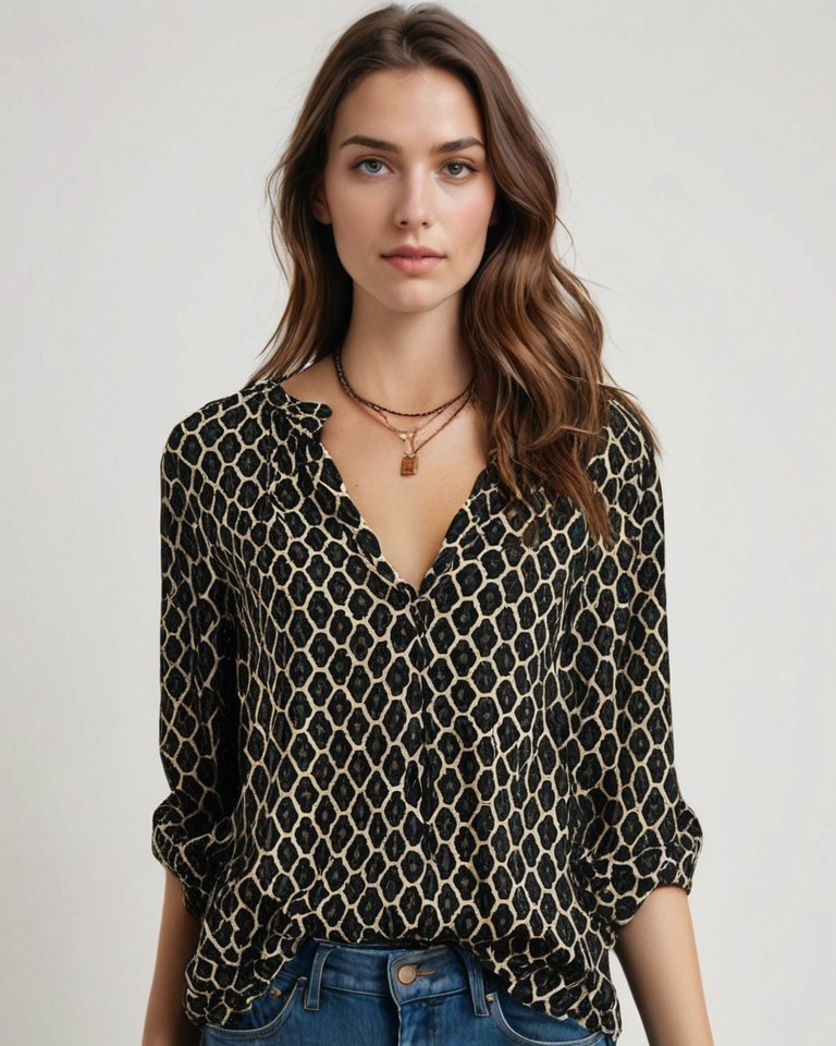 Baumwollbluse mit V-Ausschnitt und Knopfdetails | Ideal für Frühling und Herbst