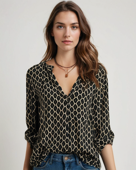 Baumwollbluse mit V-Ausschnitt und Knopfdetails | Ideal für Frühling und Herbst