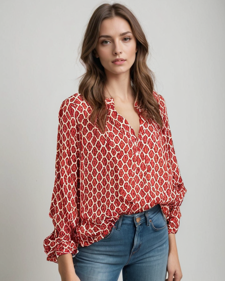 Baumwollbluse mit V-Ausschnitt und Knopfdetails | Ideal für Frühling und Herbst