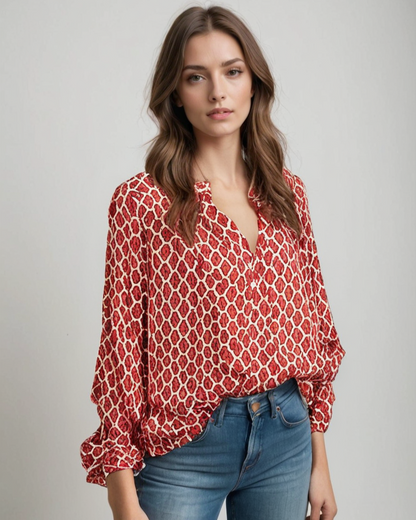 Baumwollbluse mit V-Ausschnitt und Knopfdetails | Ideal für Frühling und Herbst