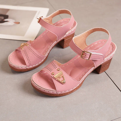 Damen Sandalen mit Schnallenriemen und Blockabsatz mit Offener Spitze | Ideal für den Sommer