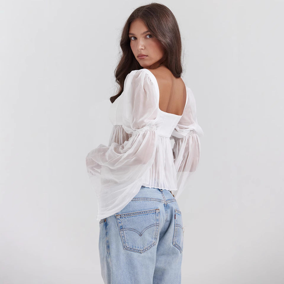 Damen Transparentes Chiffonoberteil mit Langarm und Karreeausschnitt | Ideal für Frühling und Sommer