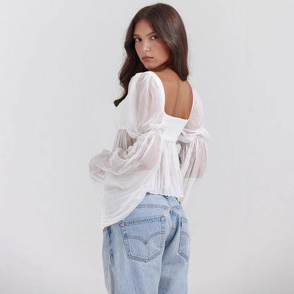 Damen Transparentes Chiffonoberteil mit Langarm und Karreeausschnitt | Ideal für Frühling und Sommer
