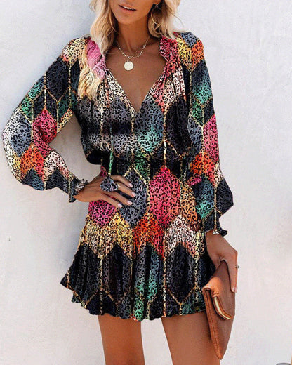 Geblümtes Patchwork-Kleid mit Puffärmeln und Taillenband | Ideal für Frühling und Herbst