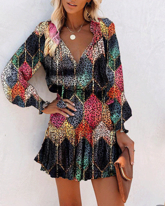 Geblümtes Patchwork-Kleid mit Puffärmeln und Taillenband | Ideal für Frühling und Herbst