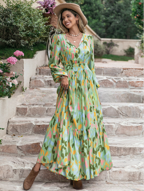 Bohemian Print Langes Kleid mit Smocked Taillenbund und langen Ärmeln | Ideal für Frühling und Herbst
