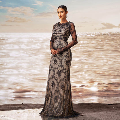 Abendkleid mit Langarm aus Pailletten und Gaze mit Meerjungfrauenschnitt | Ideal für Herbst und Winter