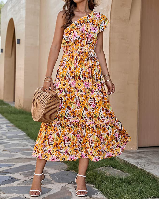Ärmelloses Boho-Print High-Waist-Kleid mit asymmetrischer Schulter | Ideal für Frühling und Sommer