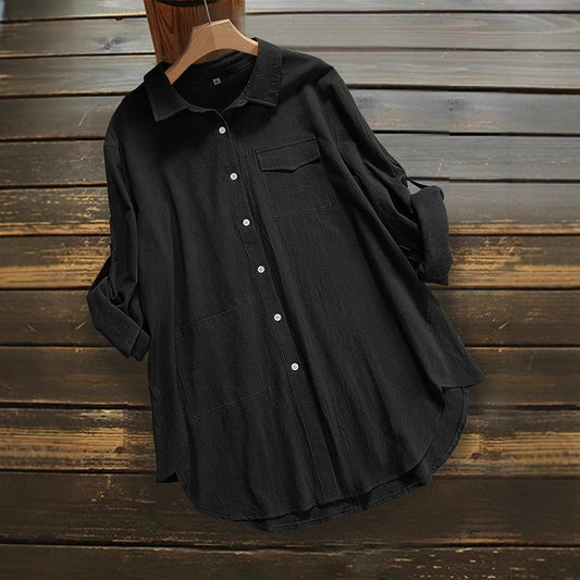 Lockeres Langarm-Button-Up-Hemd mit Taschen | Ideal für den Frühling