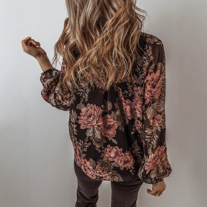 V-Ausschnitt Langarm Chiffon-Bluse mit Blumenmuster | Ideal für den Frühling
