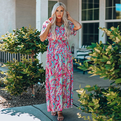 Floral Print V Neck Lang Swing Kleid mit Kurzen Ärmeln | Ideal für Sommer